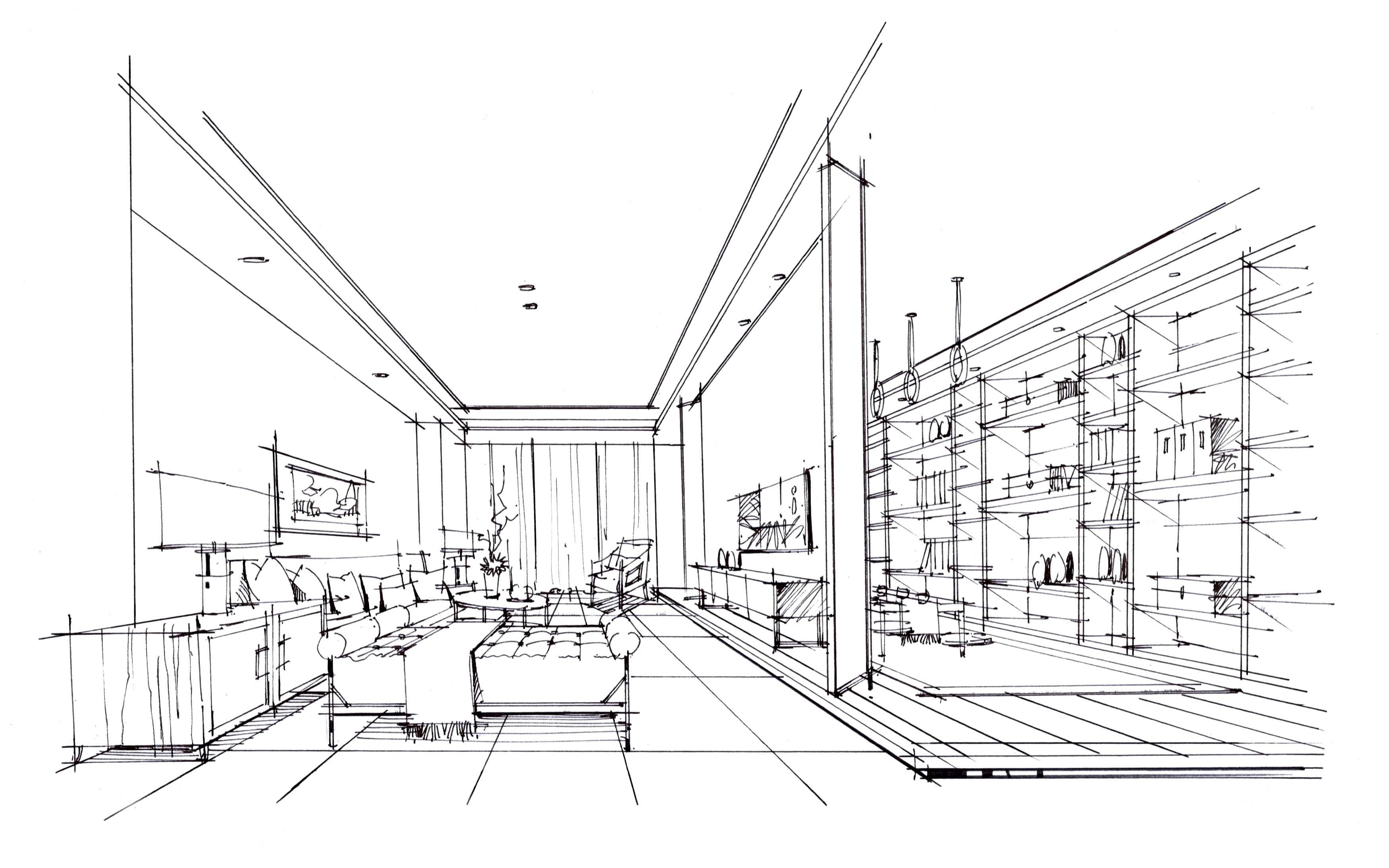 室内设计手绘视频教程【客厅效果图】线稿(合一设计教育)_哔哩哔哩