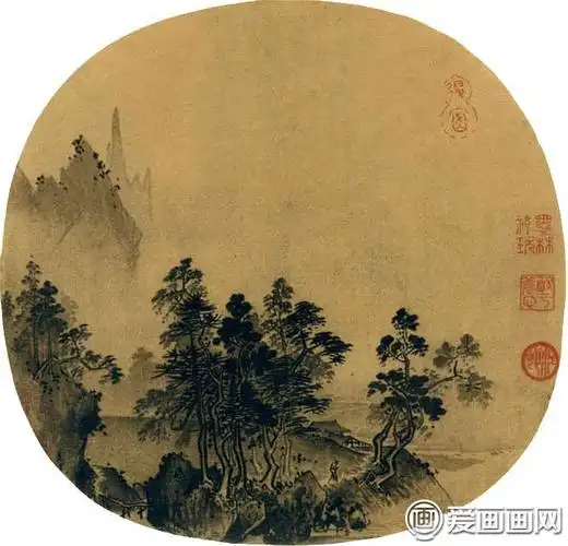 夏圭《烟岫林居图》-宋代水墨山水画扇面名画,国画一级文物高清图