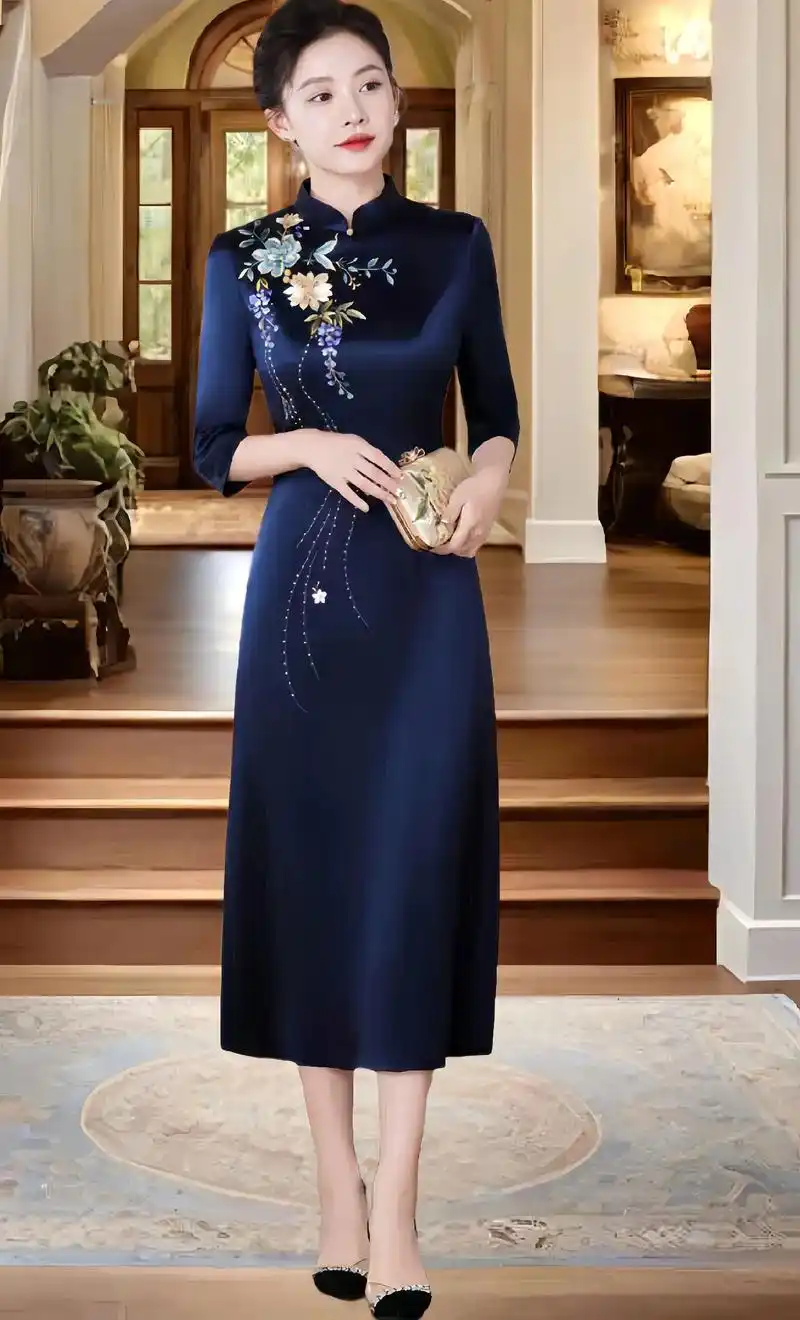 我的新款工厂批发妈妈婚礼服秋冬新款醋酸刺绣高贵喜婆婆婚宴装旗袍