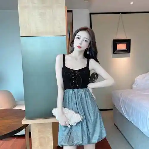 夜店性感低胸吊带连衣裙亮丝露背高腰气质显瘦夜场公主蓬蓬裙夏装