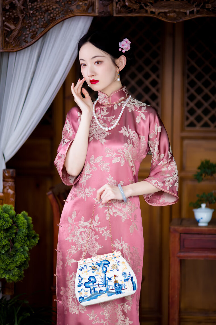 瑰香凝丨一城风絮丨重锻交织提花倒大袖复古民国风长旗袍日常 深粉色