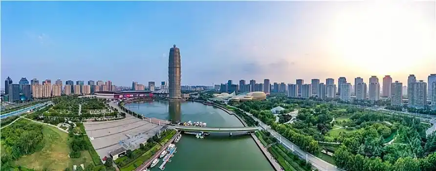 航拍河南省郑州市郑东新区cbd如意湖畔,大玉米,千玺广场,中原第一高楼