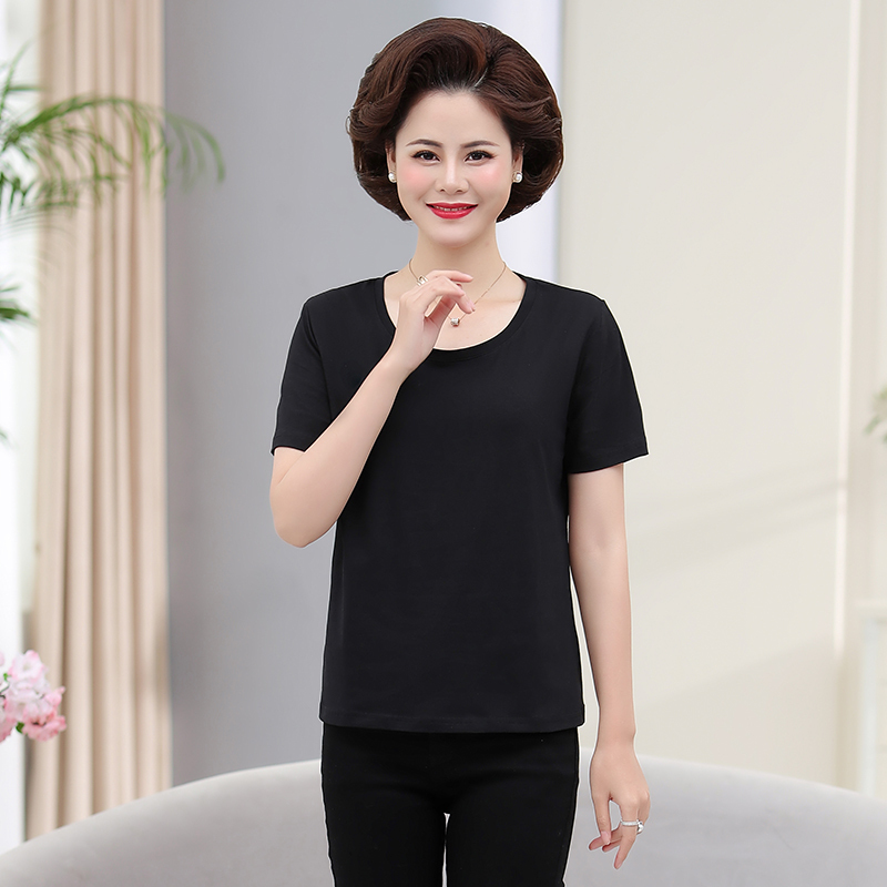 中老年女装夏装上衣中年妇女纯色短袖纯棉t恤妈妈装全棉女式汗衫纯