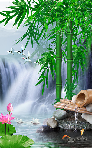 中式玄关竹子瀑布山水背景墙