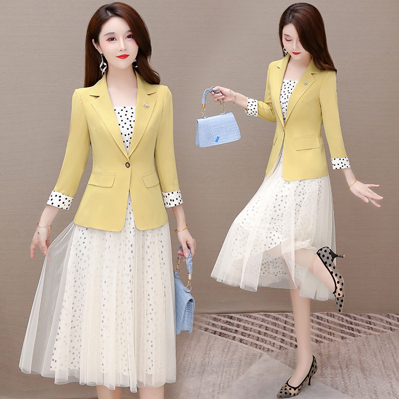 春秋季中青年女式两件套裙中年妈妈时尚小西服外套吊带连衣裙套装