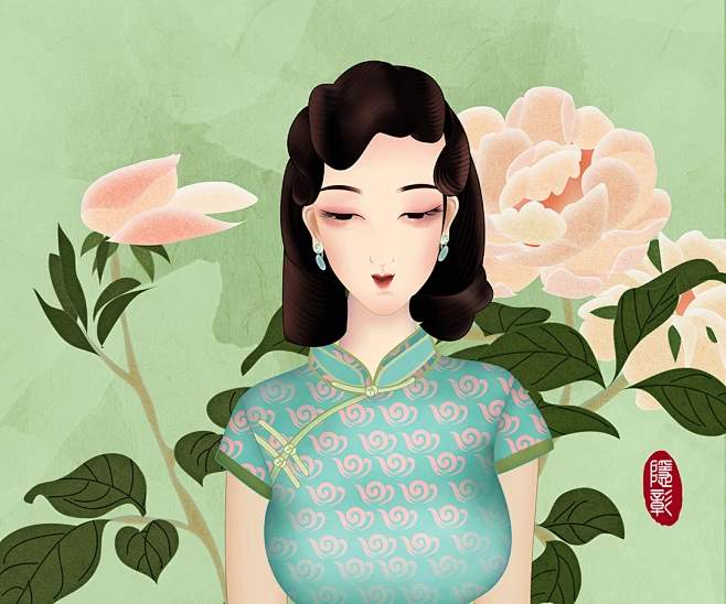 旗袍风情怀旧插画手绘优雅女性唯美老上海旧上海风情装饰画无框画旗袍