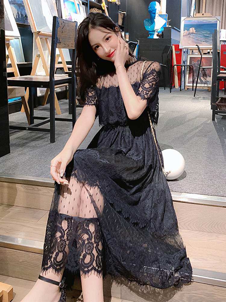 连衣裙子夏款网纱女装春装2020款女雪纺女森系甜美蕾丝潮