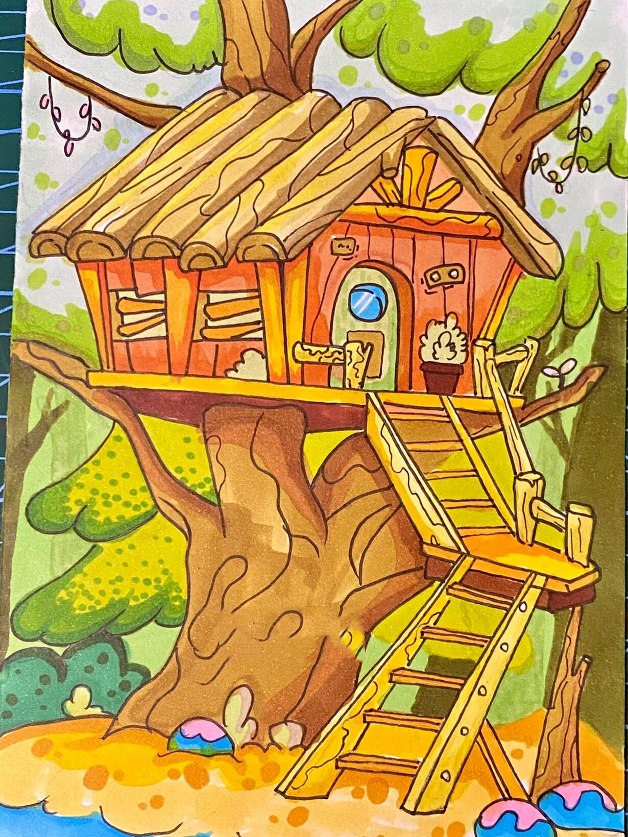 马克笔儿童画房子创意画场景插画 马克笔绘画 森林中的小树屋 马克笔