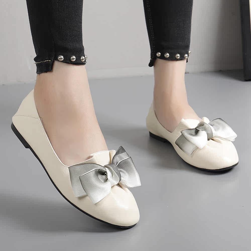 浅口单鞋女仙女风格百丽潮平底鞋春秋款拼接蝴蝶结圆头牛皮软底鞋