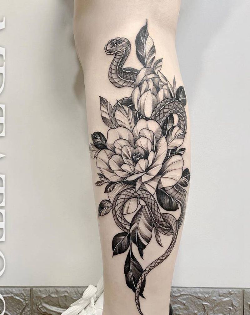 素花蛇纹身图片_腿部脚部几何点刺素花蛇小腿纹身图案