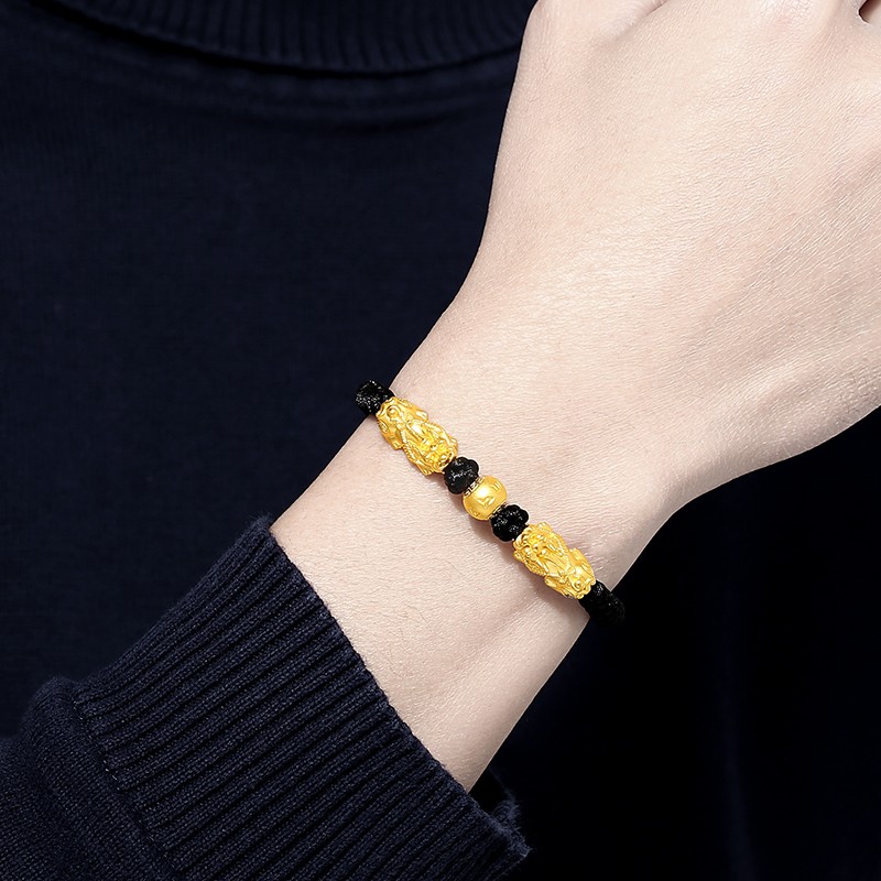 易昇黄金貔貅手链男士足金六字真言珠本命年手工编织手绳男款生日礼物