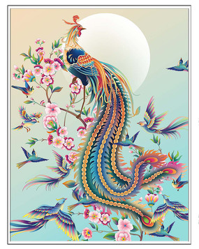 凤凰牡丹花鸟分层喷绘插画设计图