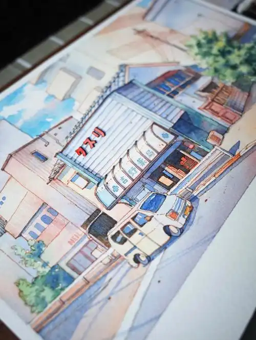 钢笔淡彩街景吉野药局直播过程线稿