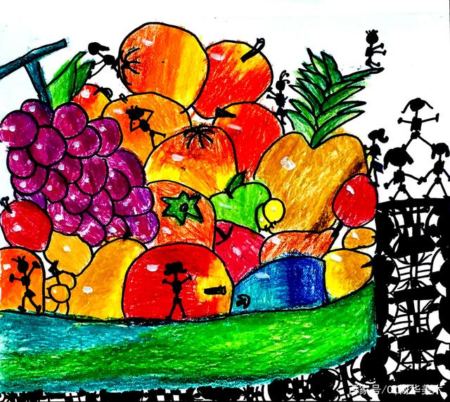 《水果和小火柴人》来自树华美术5-6岁创意绘画班学员作品
