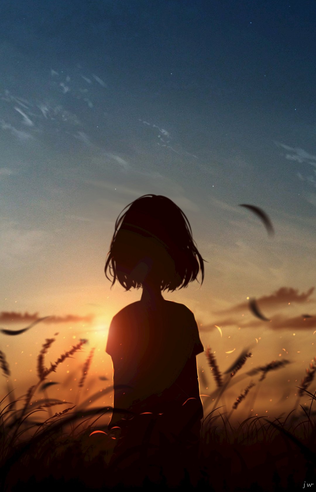 动漫风景女孩背影黄昏