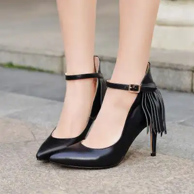 欧美2016秋季新款潮真皮流苏女鞋 时尚尖头一字扣细高跟ol单鞋