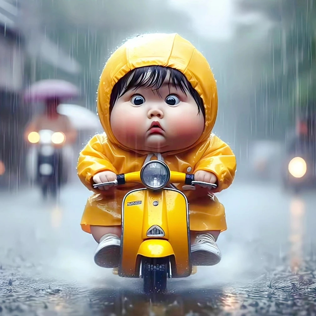 雨中冒险,小黄衣萌娃独骑萌翻天!#熊孩子的搞笑日常# #跑外卖