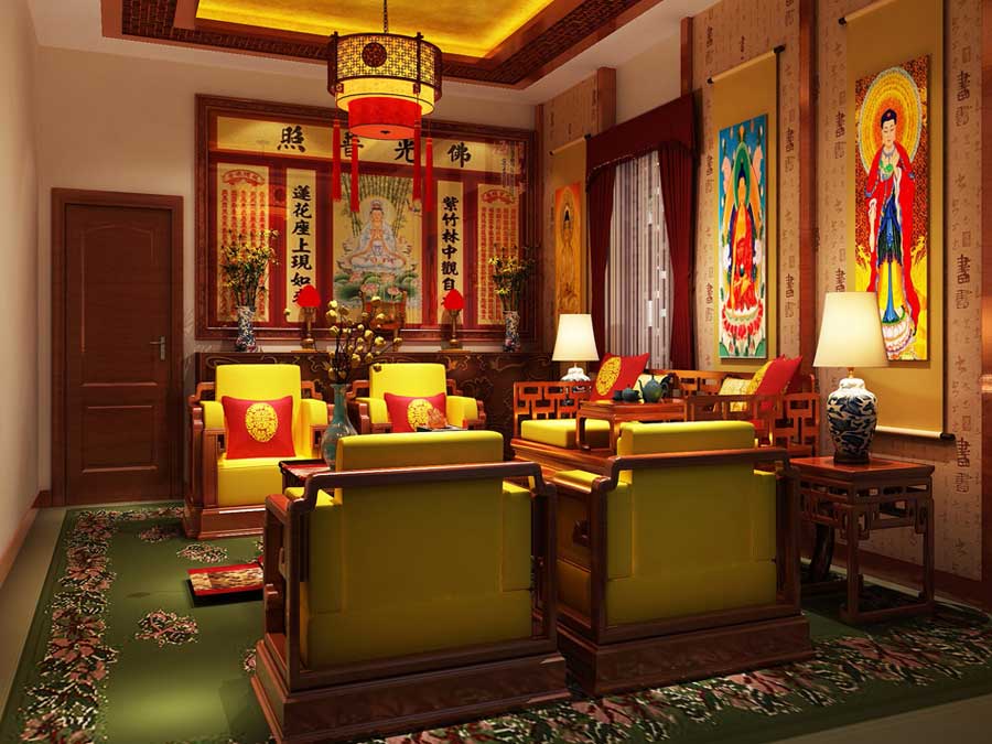 风格佛堂装修,主要从空间和色彩方面考虑和体现宁静禅意的佛学意境,多