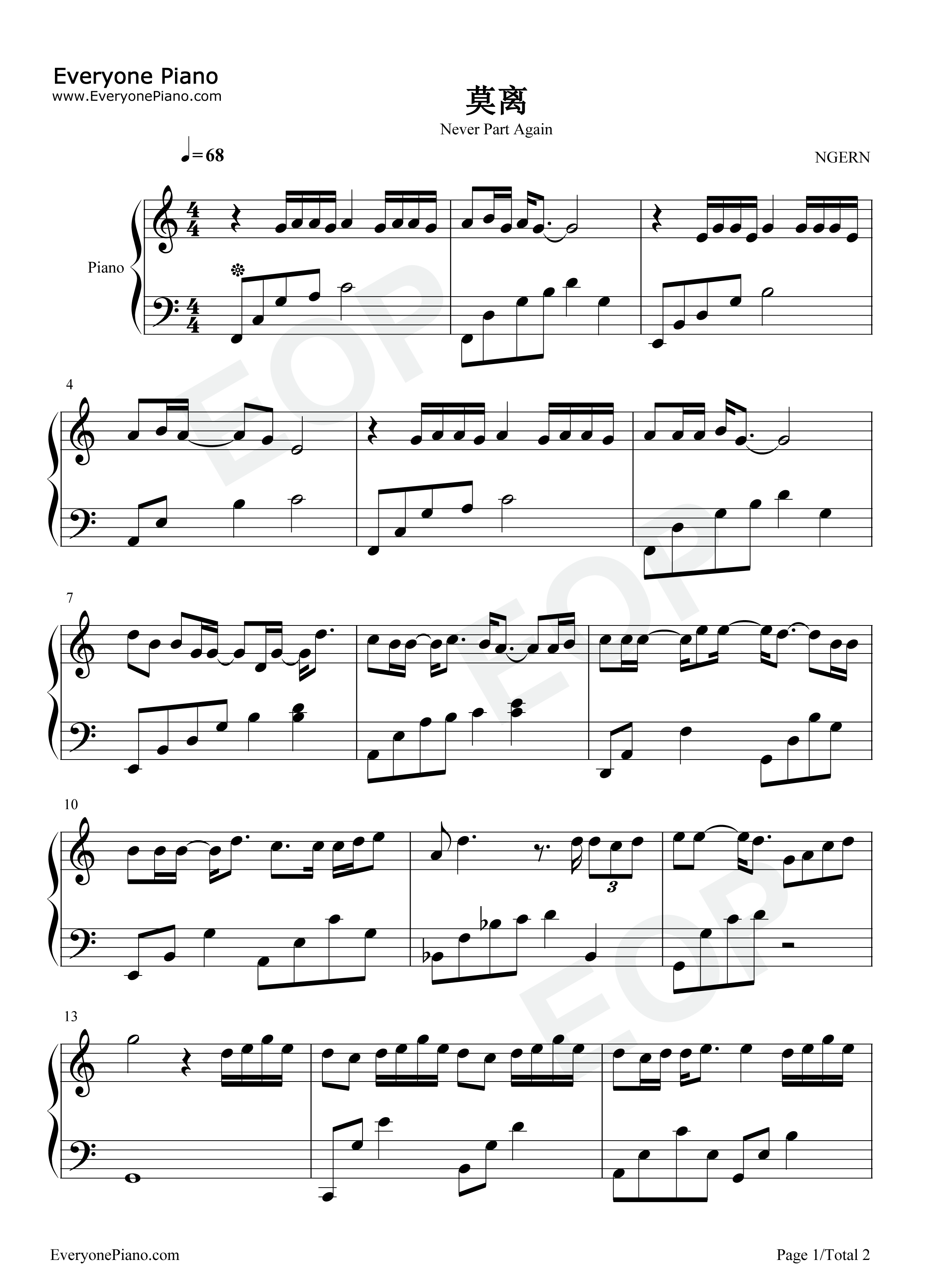 莫离-c调简单版-嘉南传片头曲五线谱预览1-钢琴谱文件(五线谱,双手