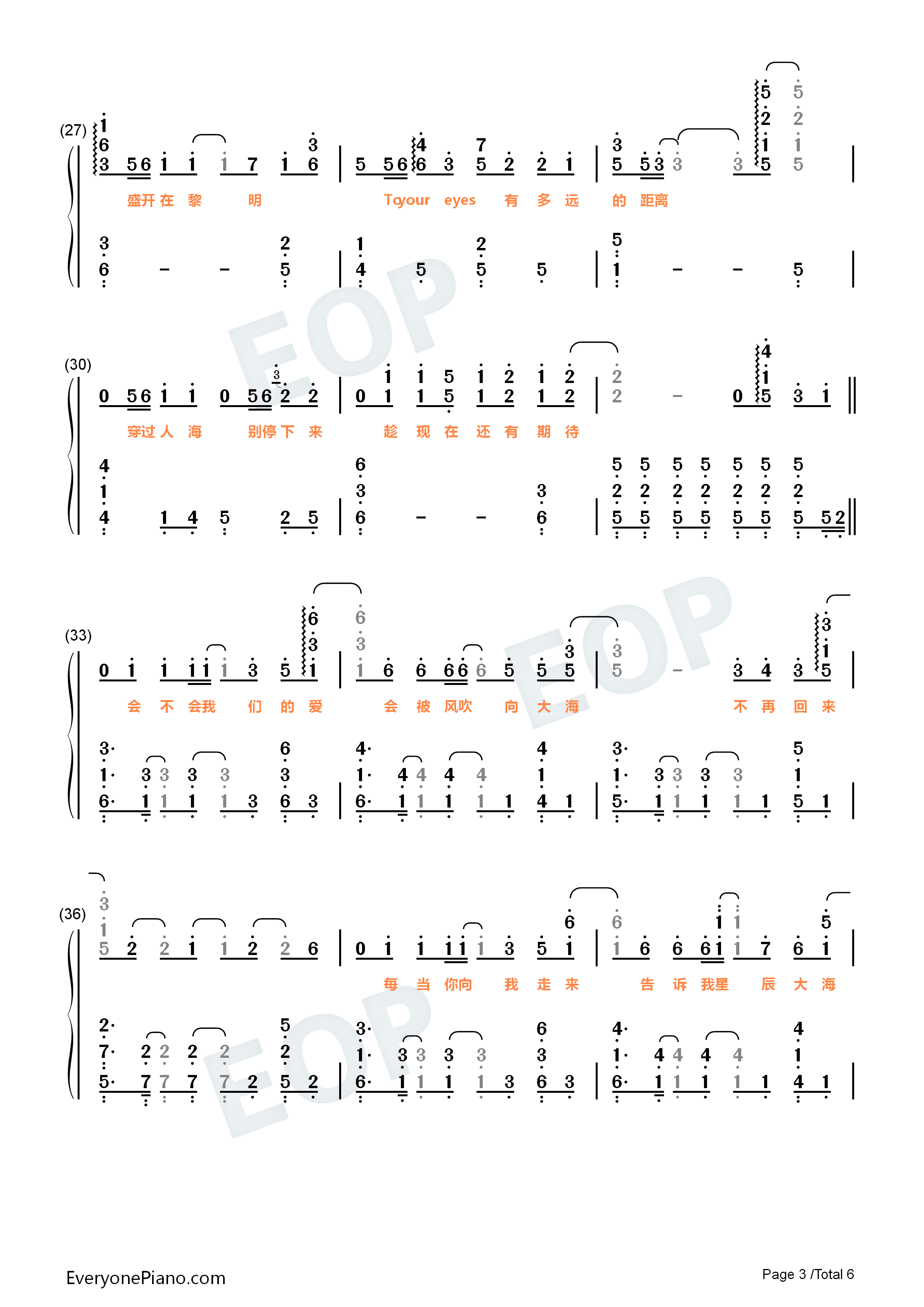 星辰大海-抖音热歌双手简谱预览3-钢琴谱文件(五线谱,双手简谱,数字谱