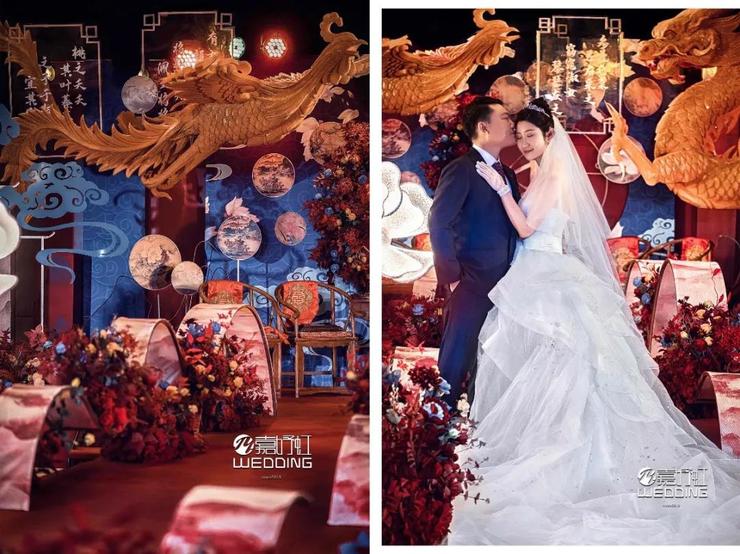 中西不同元素相融合的红蓝色系新中式婚礼