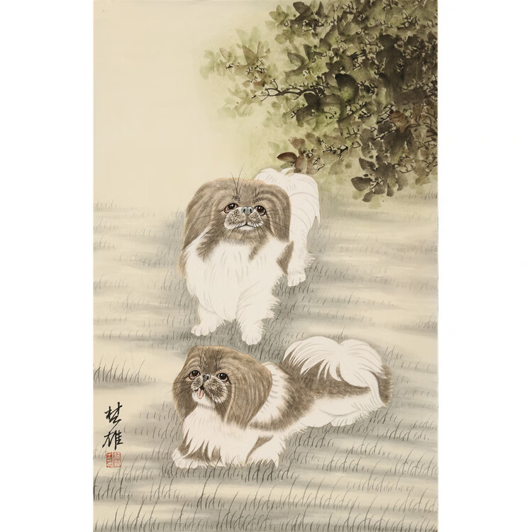 手绘名家字画方楚雄二尺竖幅精品工笔 狗 动物国画装饰挂带带证书
