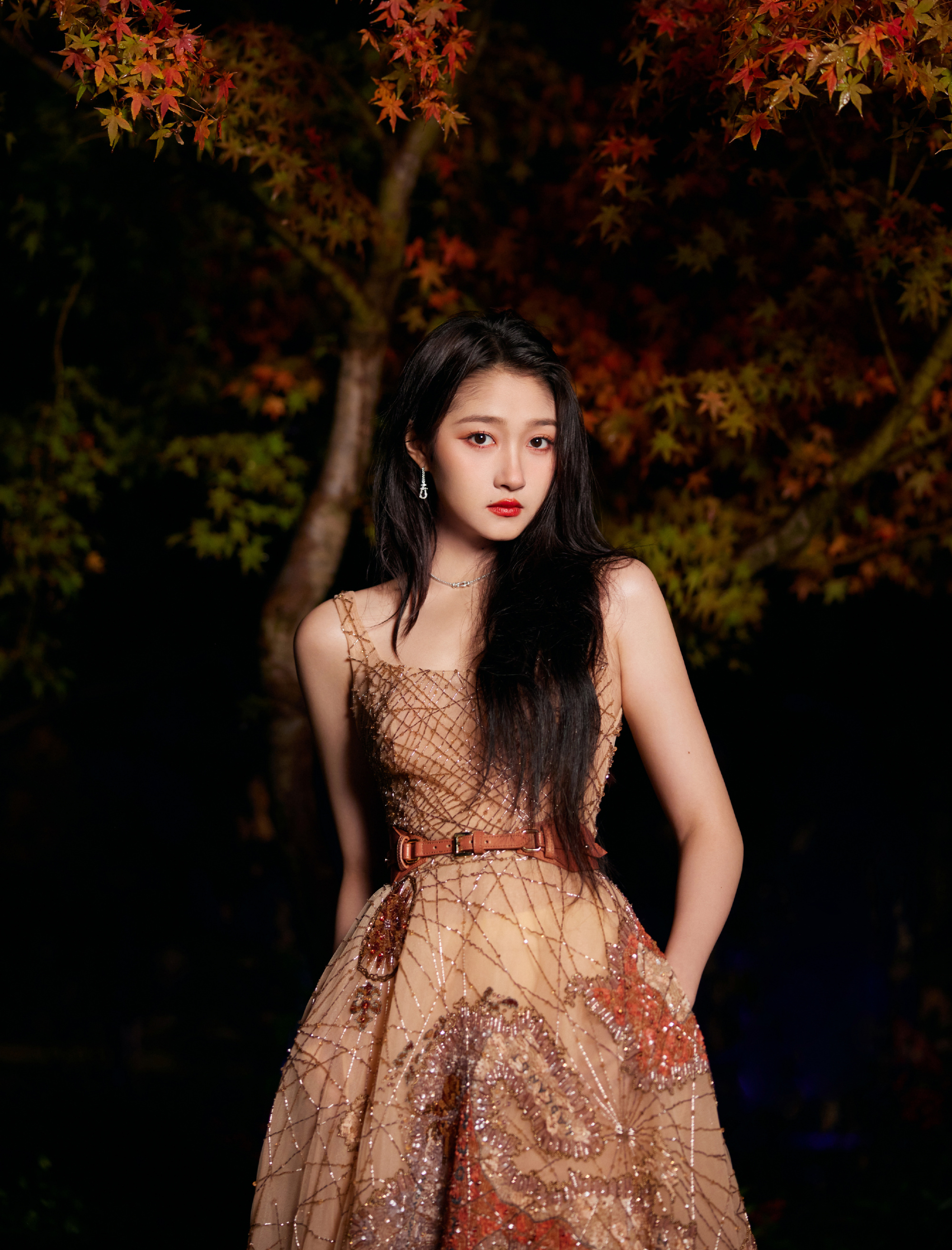 关晓彤落叶棕刺绣礼服华丽精致