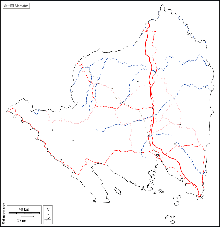 免费的轮廓地图, 免费基地地图 : 大纲, 水文学, 主要城市, 道路 白色