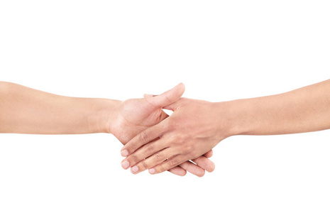 种族间的握手在白色背景下象征着友谊,伙伴关系和团结照片