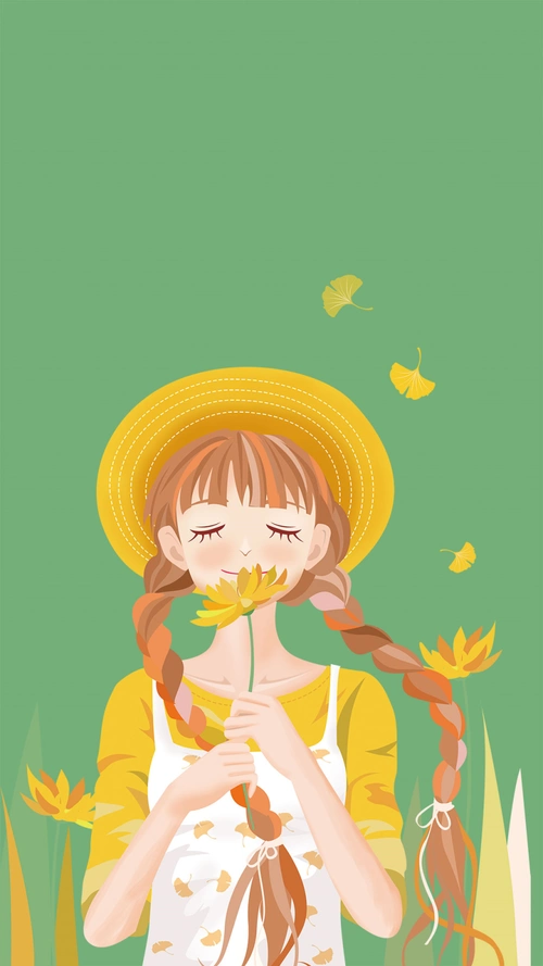 银杏叶唯美女孩手绘戴帽子