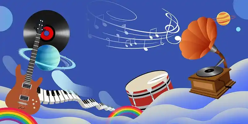蓝色音乐会音乐留声机唱片卡通乐器展板背景