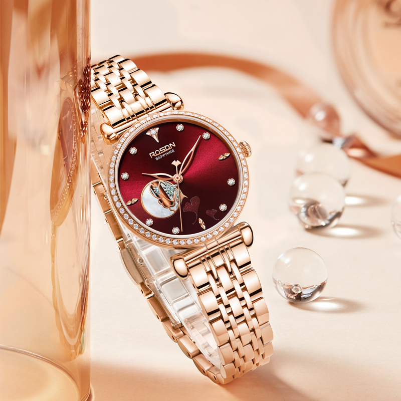 手表女士石英表精钢时尚镂空镶钻潮流三生有杏精选国产品牌蝴蝶双表扣