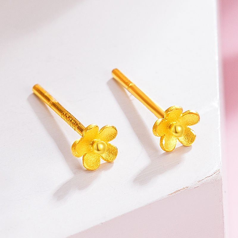 梦金园桃花花朵黄金耳钉999足金耳饰小巧养耳棒小清新送女一对耳环