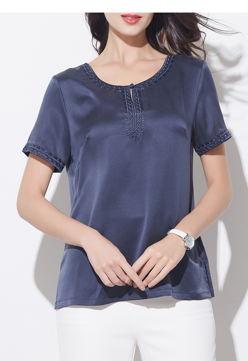 正品】恒源祥2019春夏新款短袖桑蚕丝女t恤中老年直筒纯色宽松半袖女