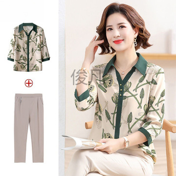 jf中年妈妈春装洋气t恤小衫新款上衣时尚套装中老年女夏装雪纺衬