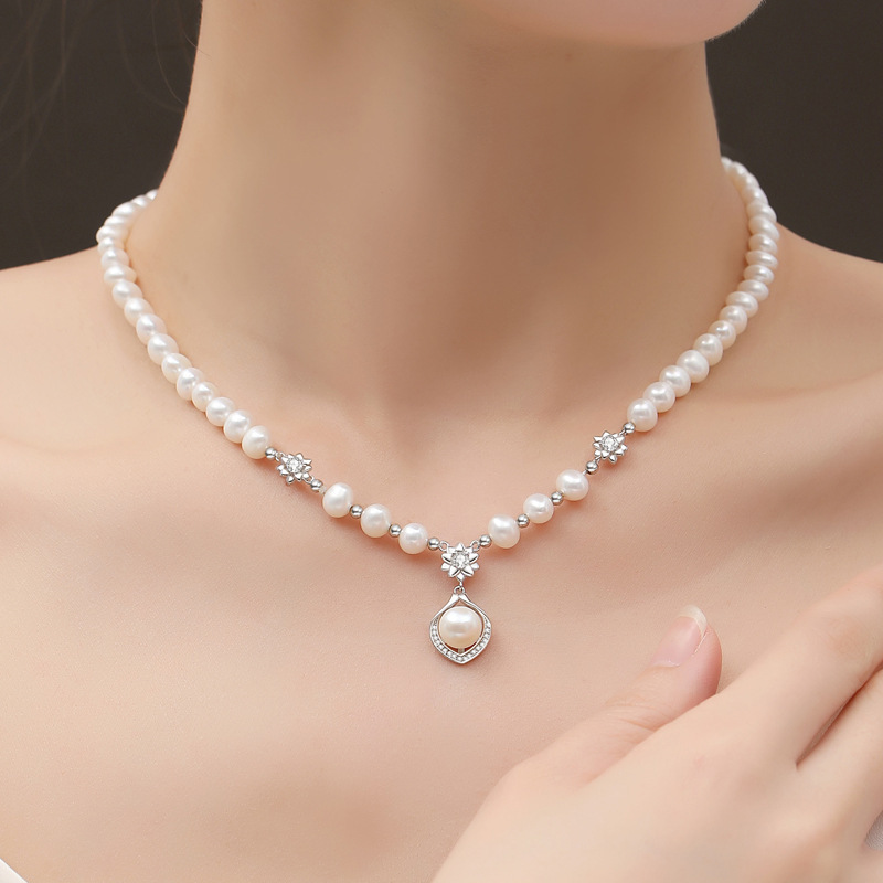 鑫铂尼925银758mm馒头圆淡水珍珠项链女妈妈生日礼物年轻款送老婆长辈