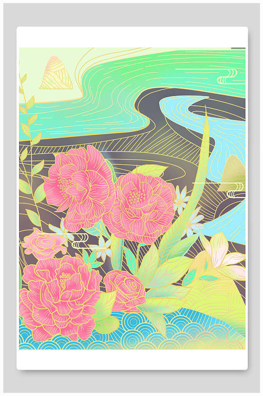 新国潮牡丹中国风花卉插画
