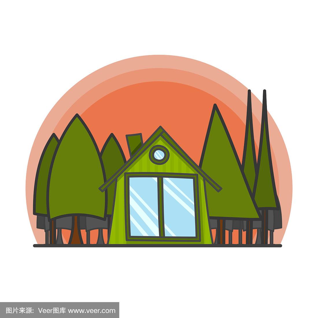 卡通场景与房子在森林插图.涂鸦矢量,手绘建筑.