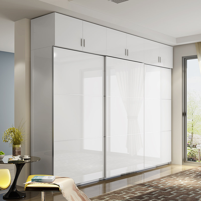 现代简约推拉门衣柜实木质滑移门烤漆整体大衣橱顶柜卧室家具定制
