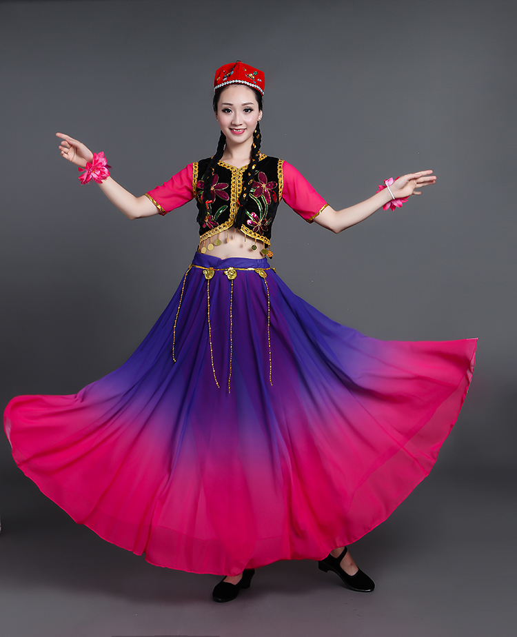 同款女维吾尔族表演服开场舞大摆裙长裙少数民族舞蹈服饰2020-定制 紫