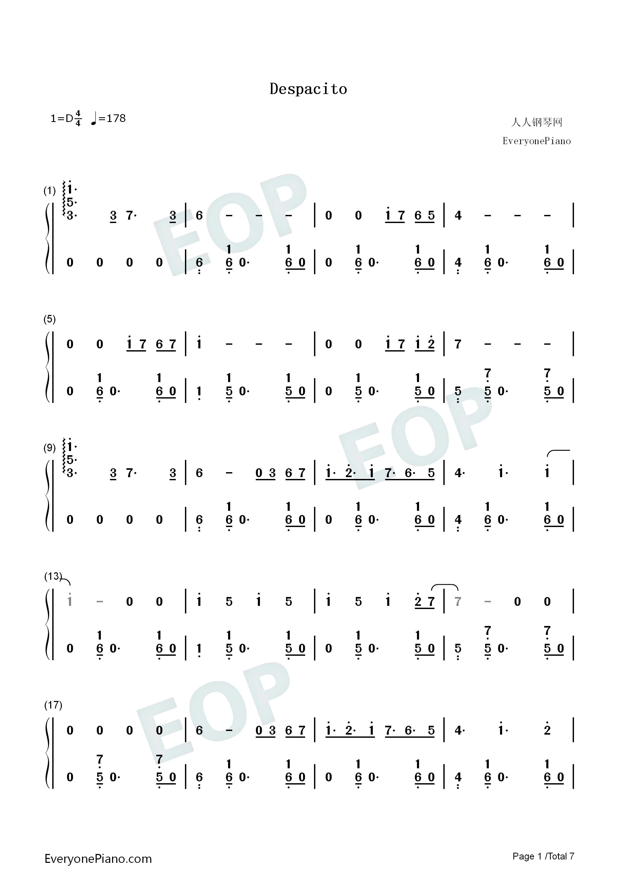 despacito-极简好听-钢琴版-抖音爆火双手简谱预览1