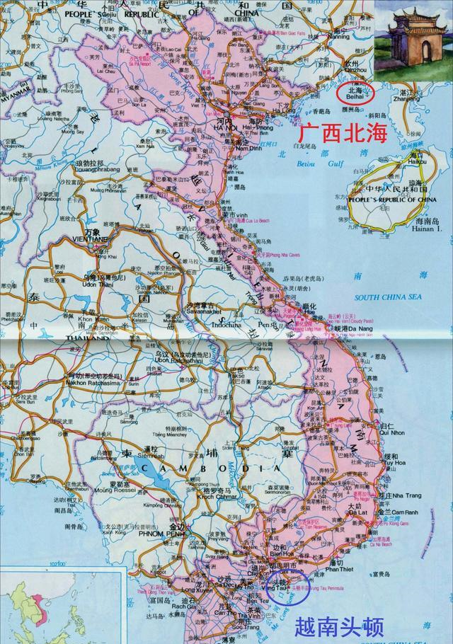 下面地图表示了越南头顿市与中国广西北海市的关系.