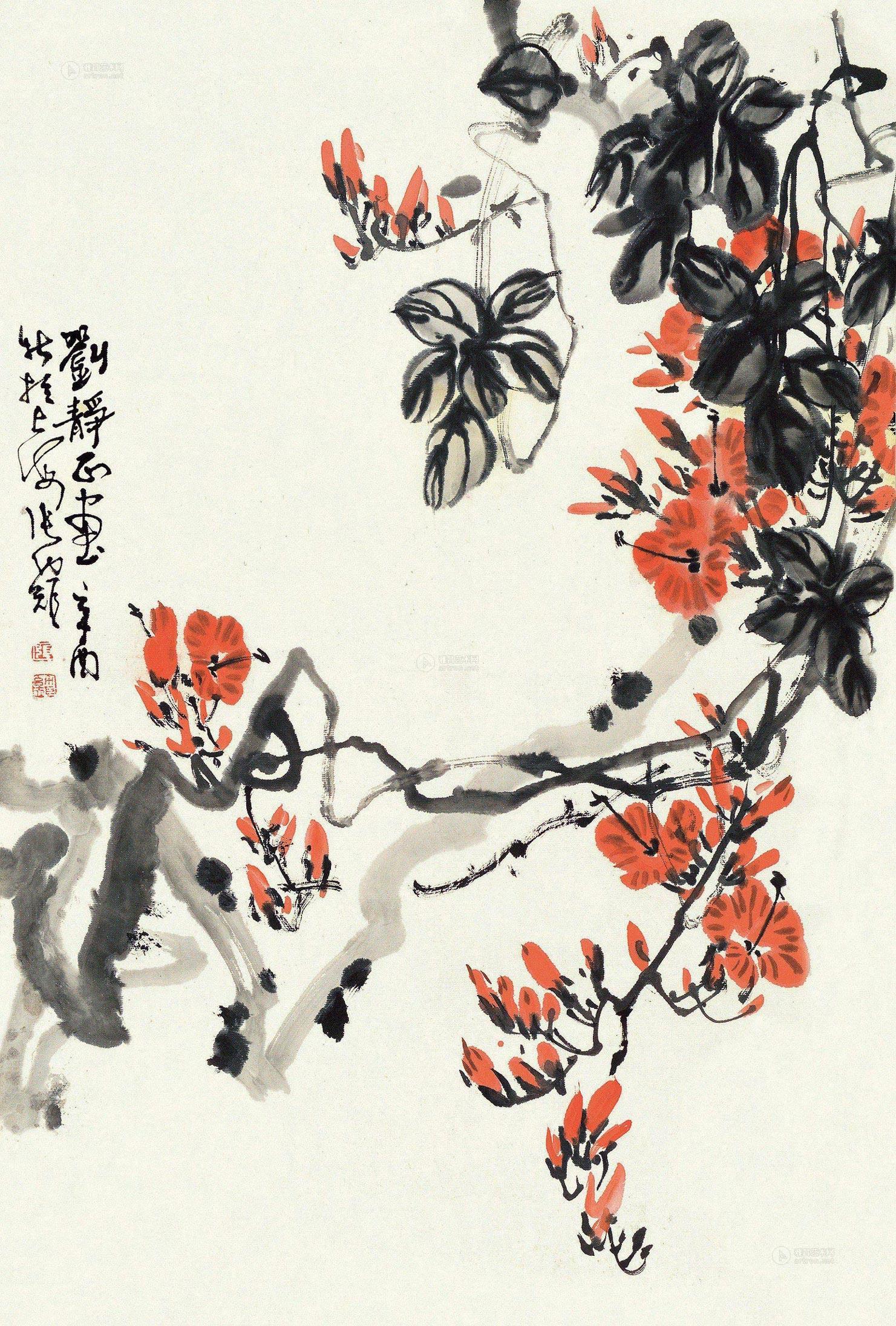 0279辛酉1981年作凌霄花镜片设色纸本