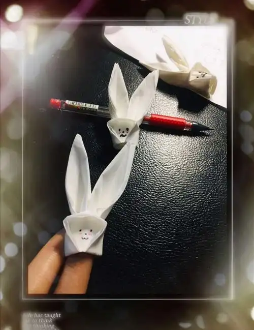 8日一大早,用卫生纸给女儿叠的兔子,很可爱吧,女儿很喜欢,高兴了一