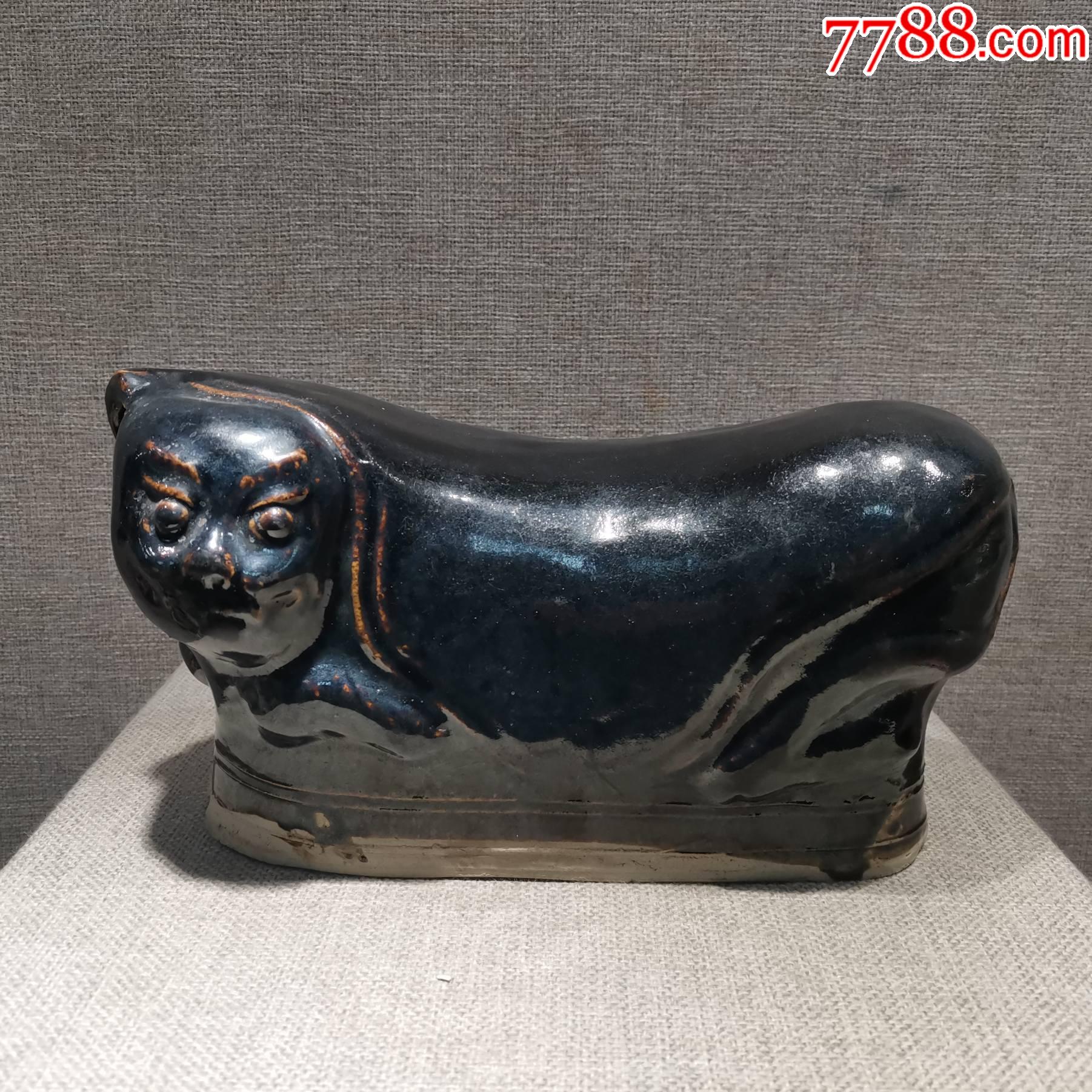 老瓷器收藏清代白黑瓷猫枕民俗老物件真品中国民俗文化装饰摆件怀旧有