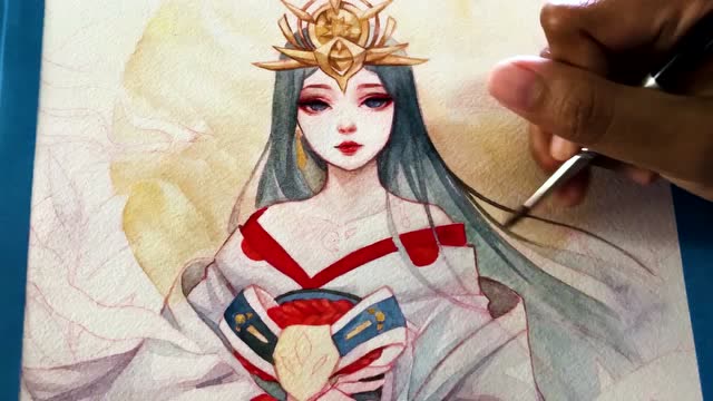 国外绘画高手用水彩绘制的日本神话人物天照大神!色彩效果相当棒