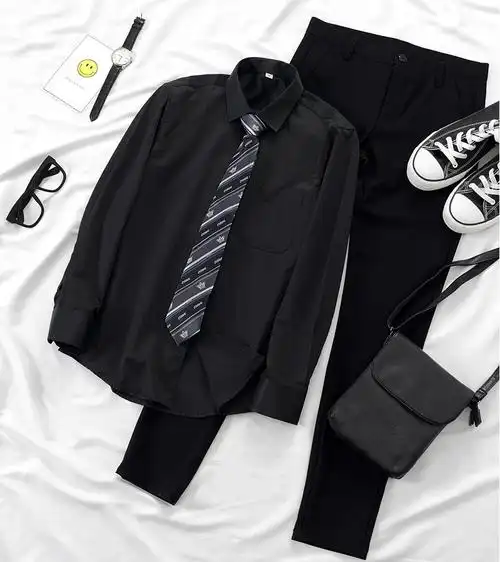 晏朔男装dk衬衫男制服套学生黑色衬衫长袖领带学院风jk衬衣原创刺绣