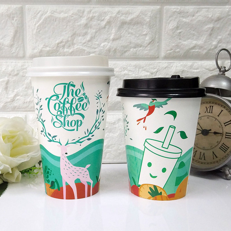 一次性加厚双淋膜麋鹿图案奶茶杯纸杯400/500ml咖啡纸杯500只