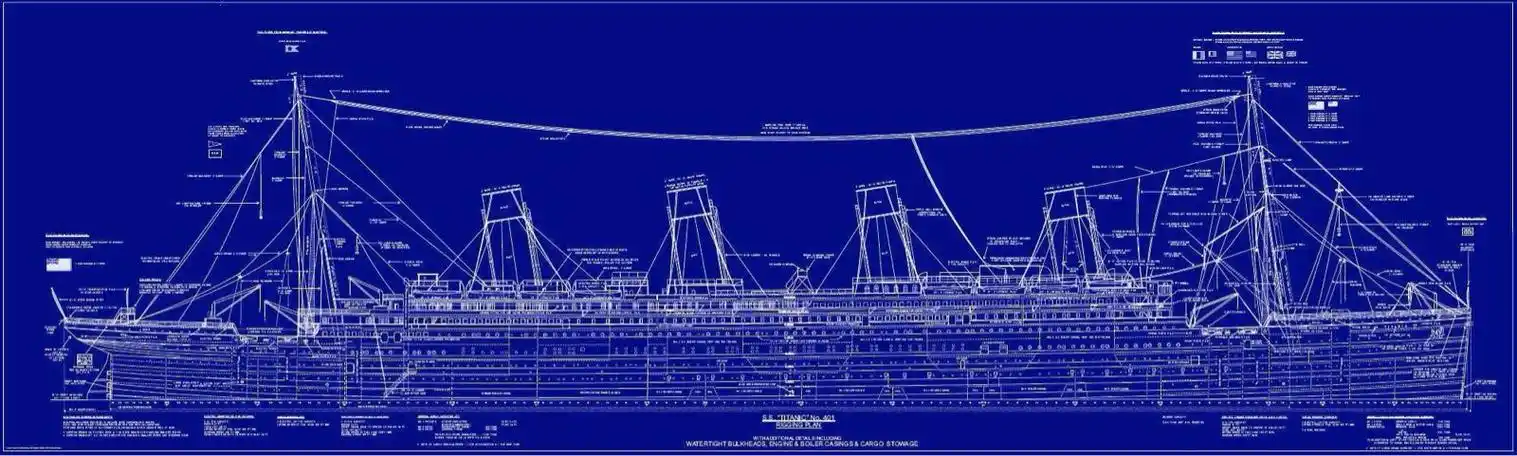 设计蓝图泰坦尼克号水线之上的侧舷船体泰坦尼克号沉没对比泰坦尼克号