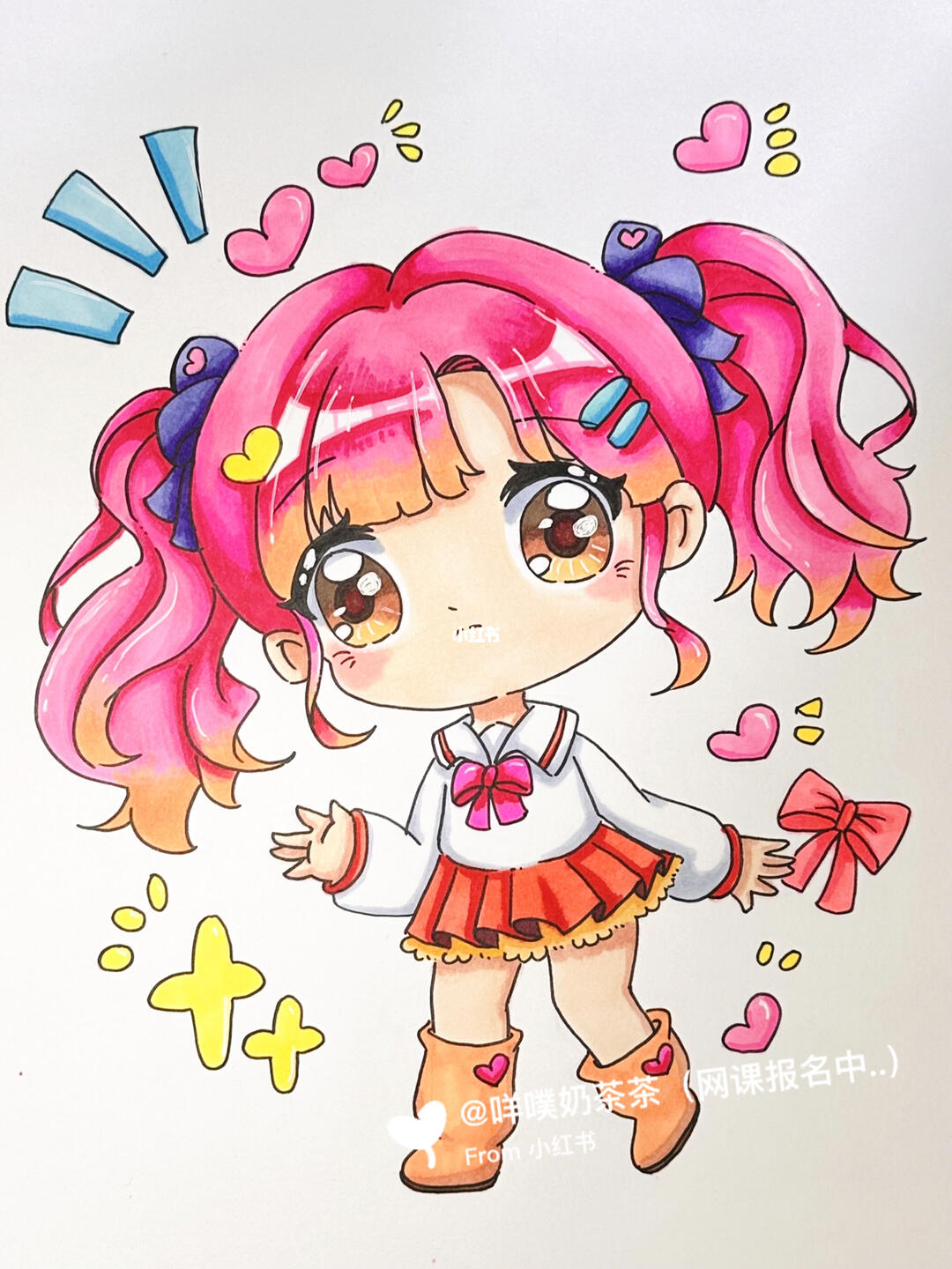 q版动漫马克笔绘画可爱双马尾女孩